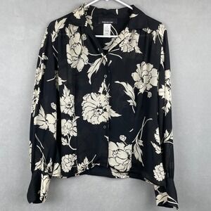 VTG Jones New York Women 12 Black Cream Floral 100% Silk Button Front Blouse Top